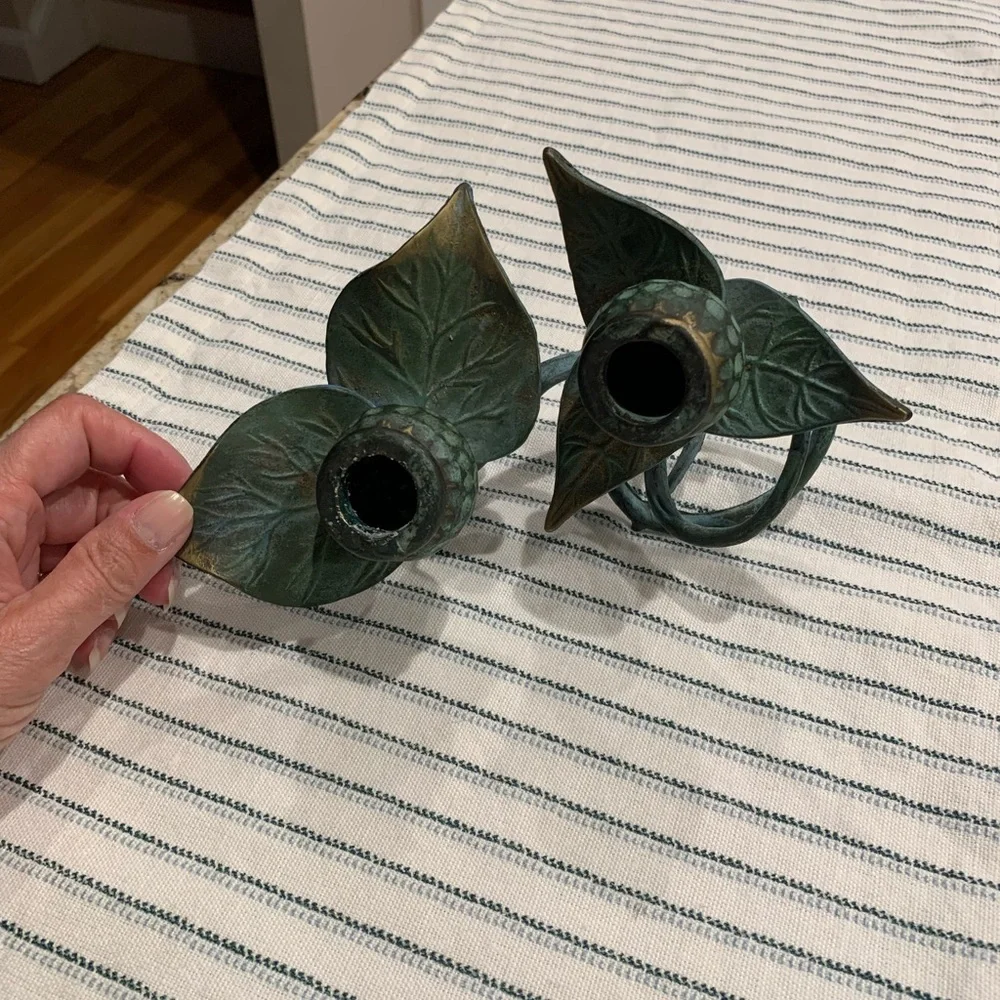 Vintage Cast Iron Green Vine Double Candlestick Holder